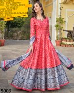 Step into Glamour Flaunt Ready-to-Wear Gown in Killer Silk Adorned with Stunning Digital Patola Print and Can-Can Net