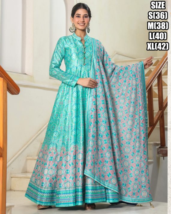 Your Style with our Killer Silk Gown Featuring Digital Print and Embroidery Work Complete the Look with a Stunning Stitched Digital Print Dupatta