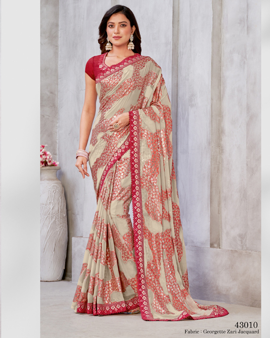 Unleash Elegance With Our Un-stitched Georgette Saree. Adorned In Zari Embroidery, It's A Canvas Of Timeless Art. Complete With A Matching Blouse, Tailor Your Style Effortlessly .