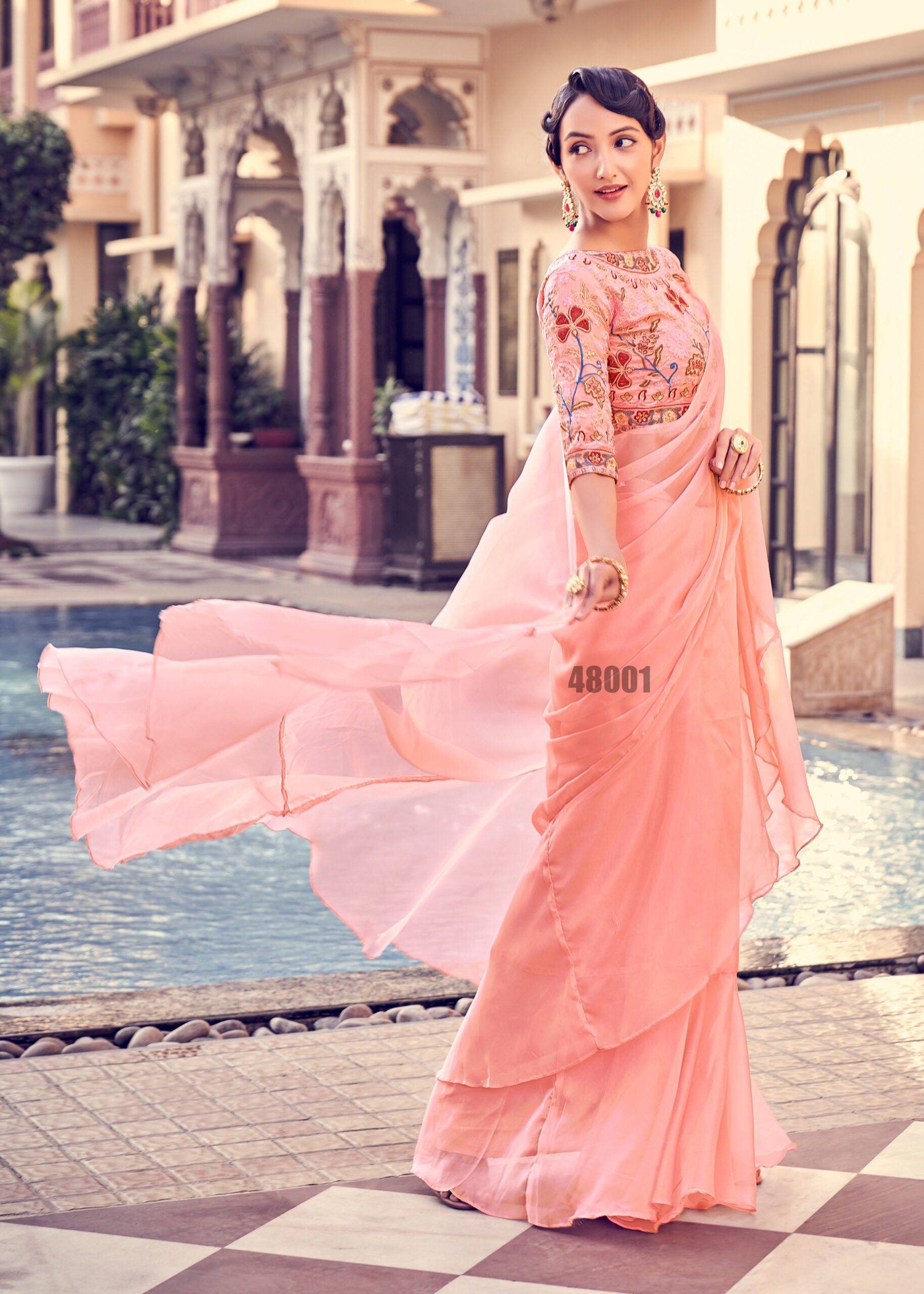 Ravishing Sequins Orangza Party Wear Ruffle Saree With Blouse