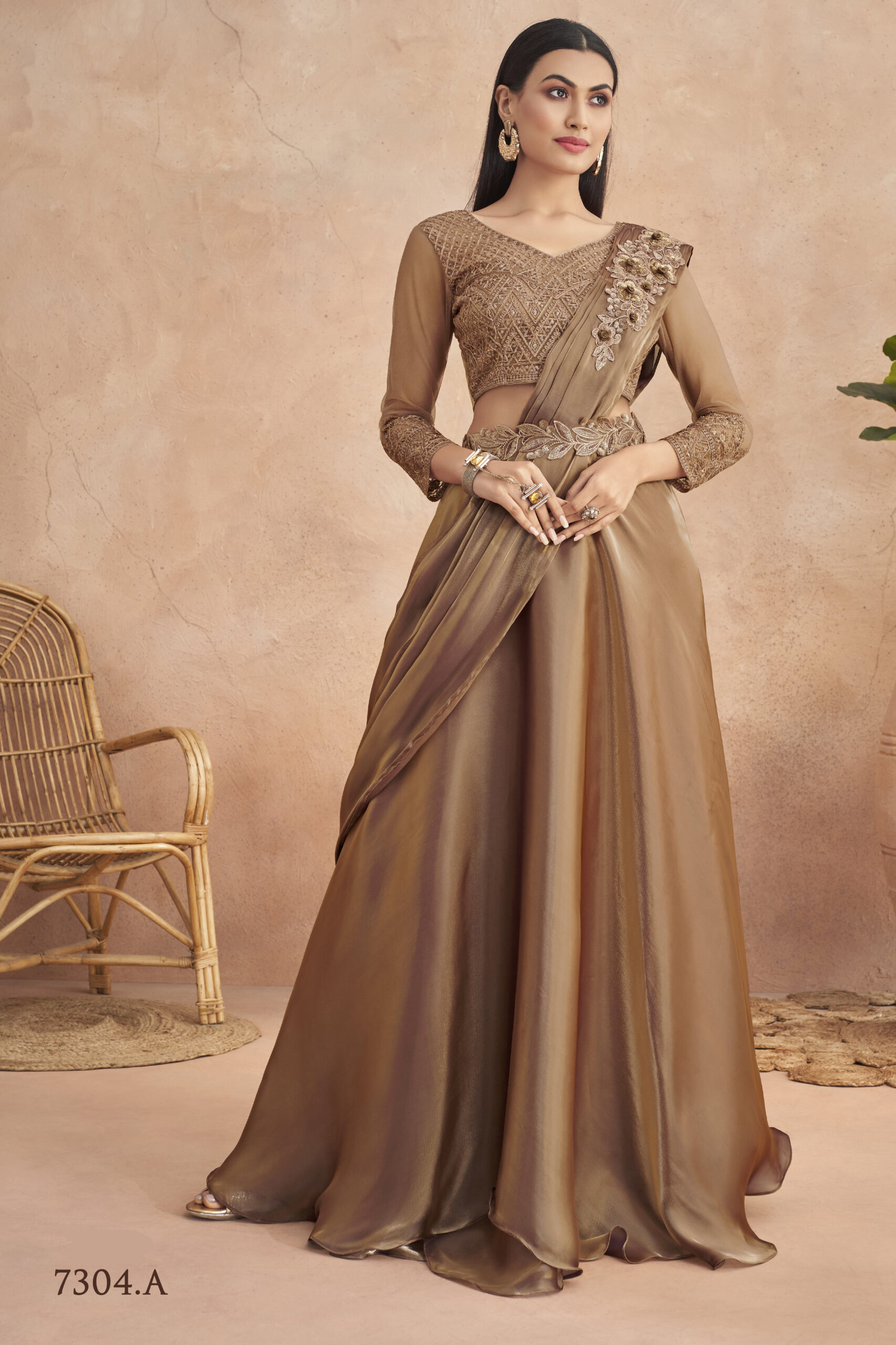 Fancy Partywear Embroidery Work Ready To Wear Saree With Unstitched Blouse