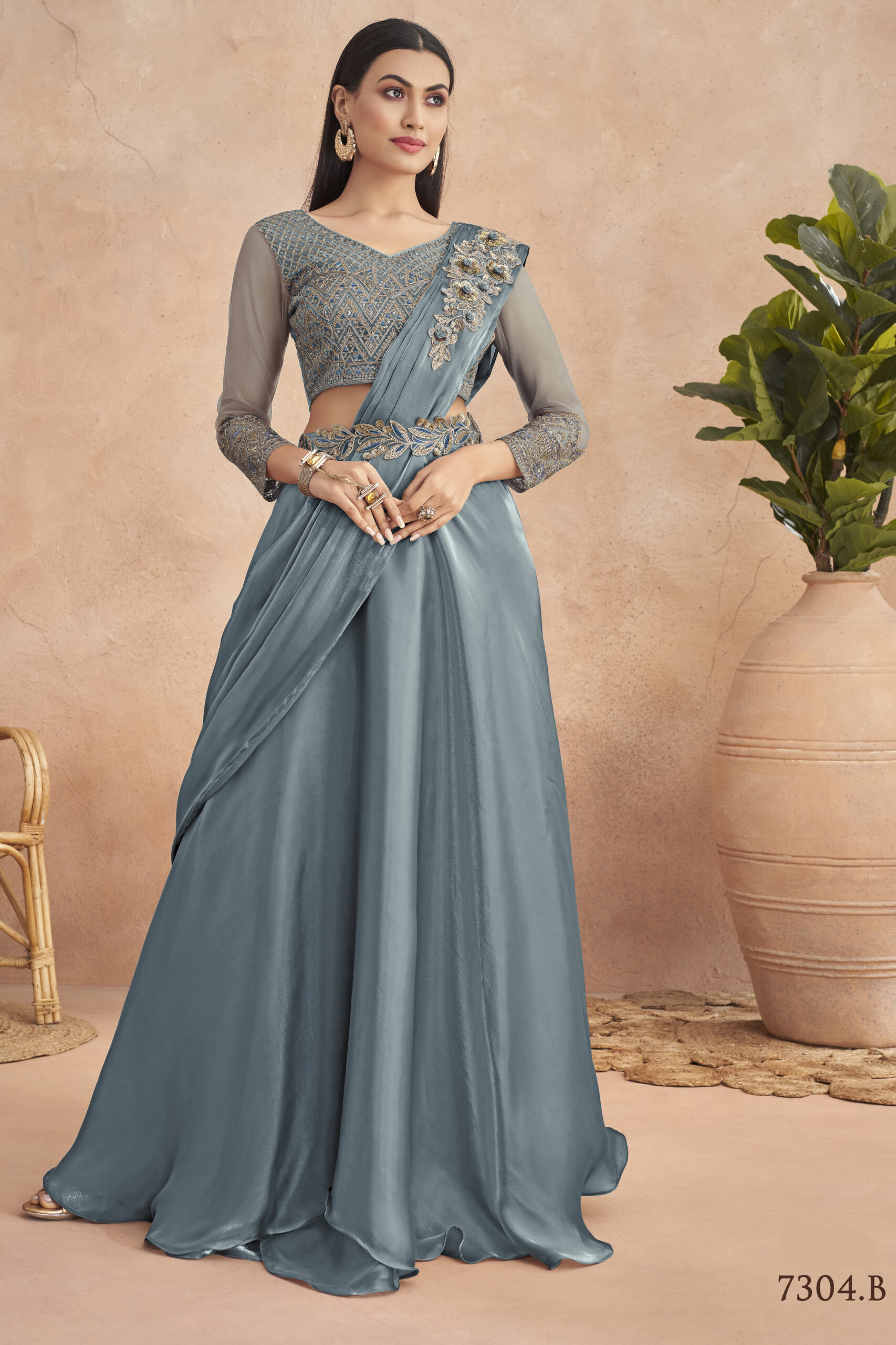 Fancy Partywear Embroidery Work Ready To Wear Saree With Unstitched Blouse