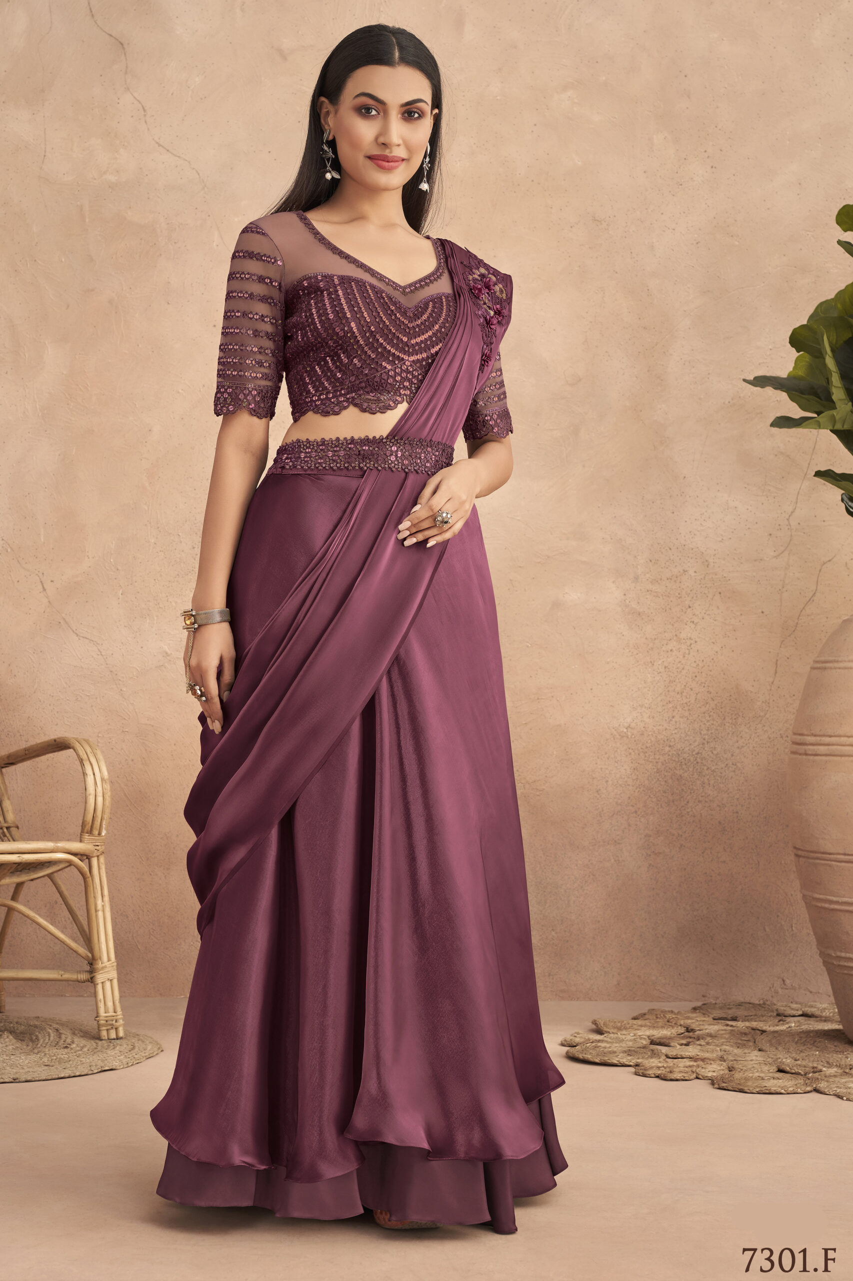 Fancy Partywear Embroidery Work Ready To Wear Saree With Unstitched Blouse