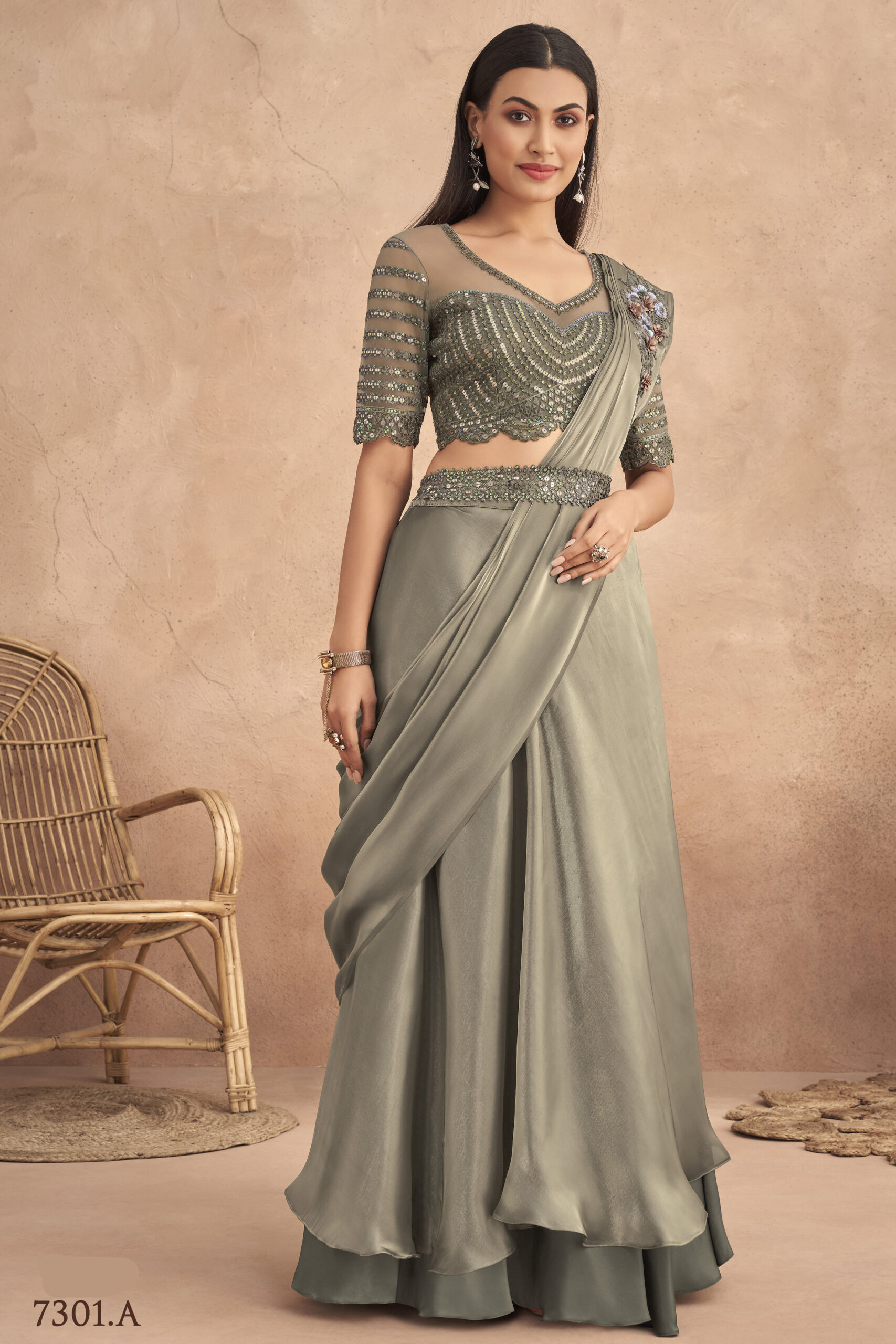 Fancy Partywear Embroidery Work Ready To Wear Saree With Unstitched Blouse