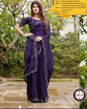 Dark Colour Partywear Satin Silk Unstitched Saree With Blouse Collection