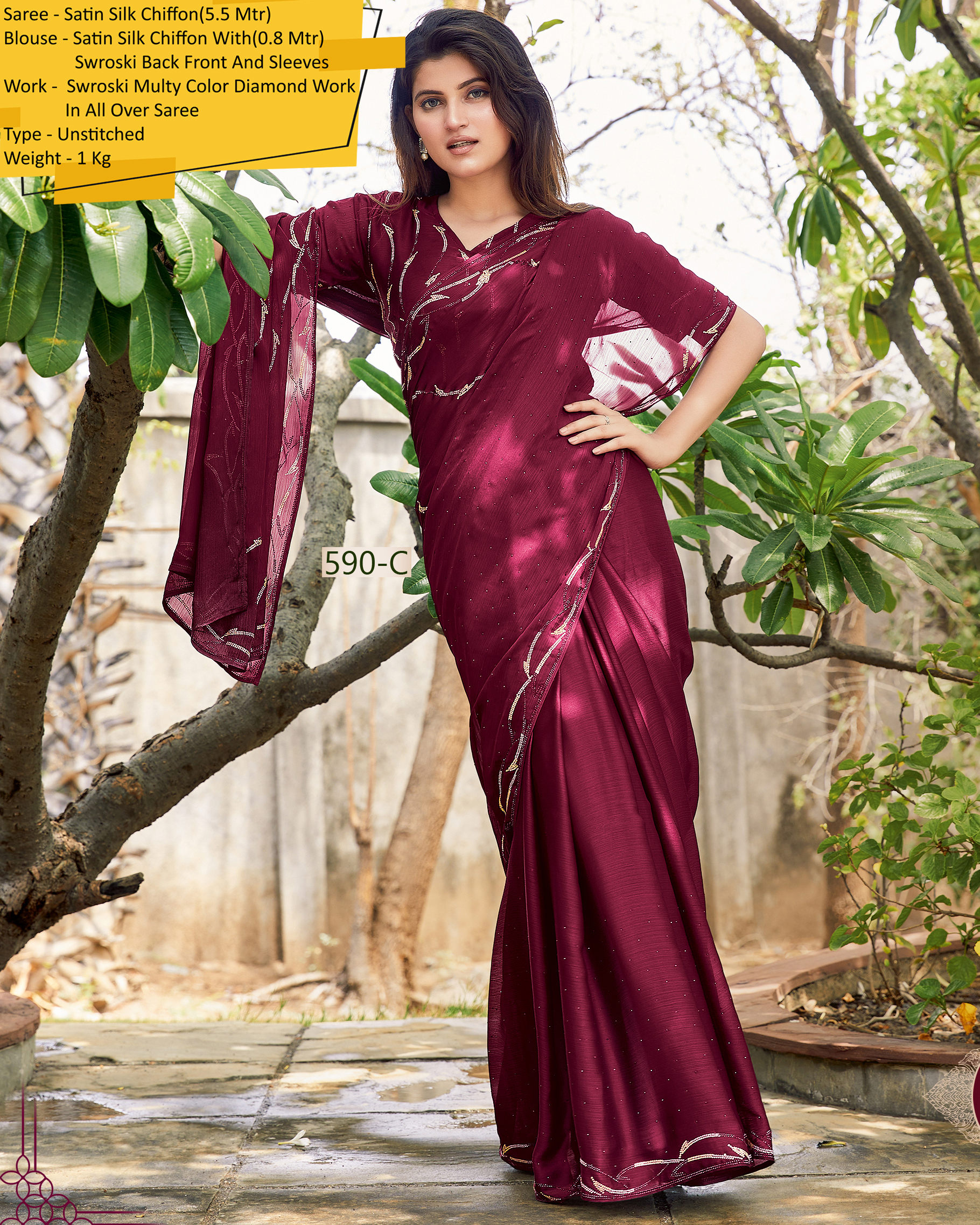 Dark Colour Partywear Satin Silk Unstitched Saree With Blouse Collection