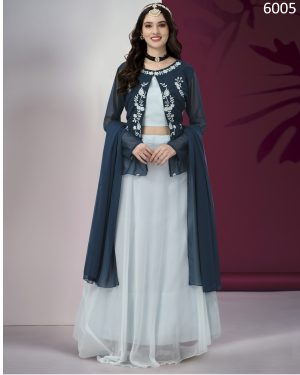 Exquisite Multi-colored Lehenga Set Crush Georgette, Heavy Georgette Blouse, and Sequined Georgette Dupatta. Semi-stitched for a perfect fit! Shop now