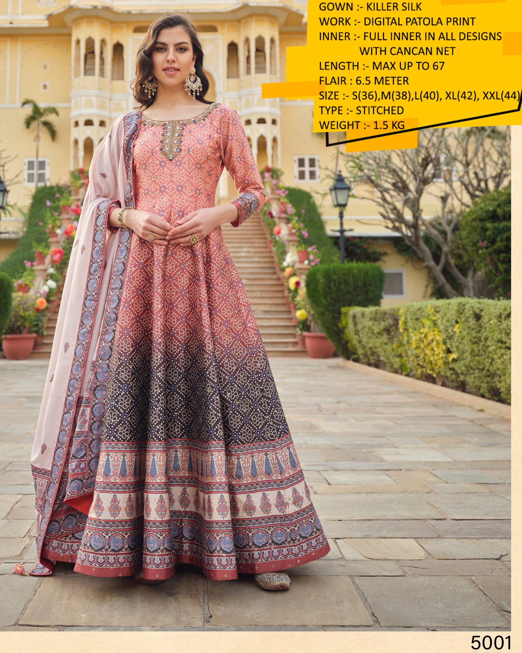 Step into Glamour Flaunt Ready-to-Wear Gown in Killer Silk Adorned with Stunning Digital Patola Print and Can-Can Net