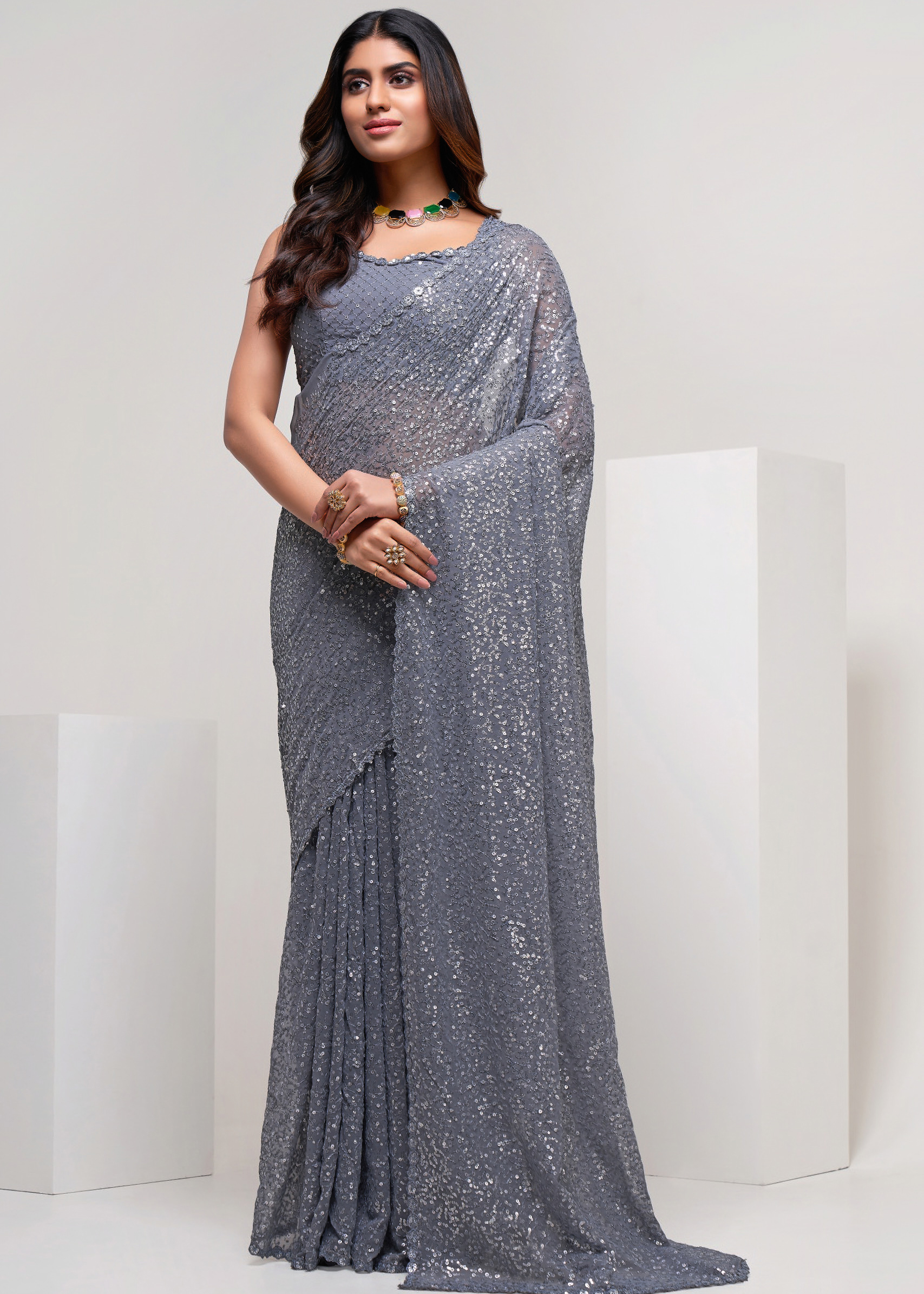 Launching Exclusive Collection Of Georgette Saree With Blouse Multiple Sequins Embroidery Work
