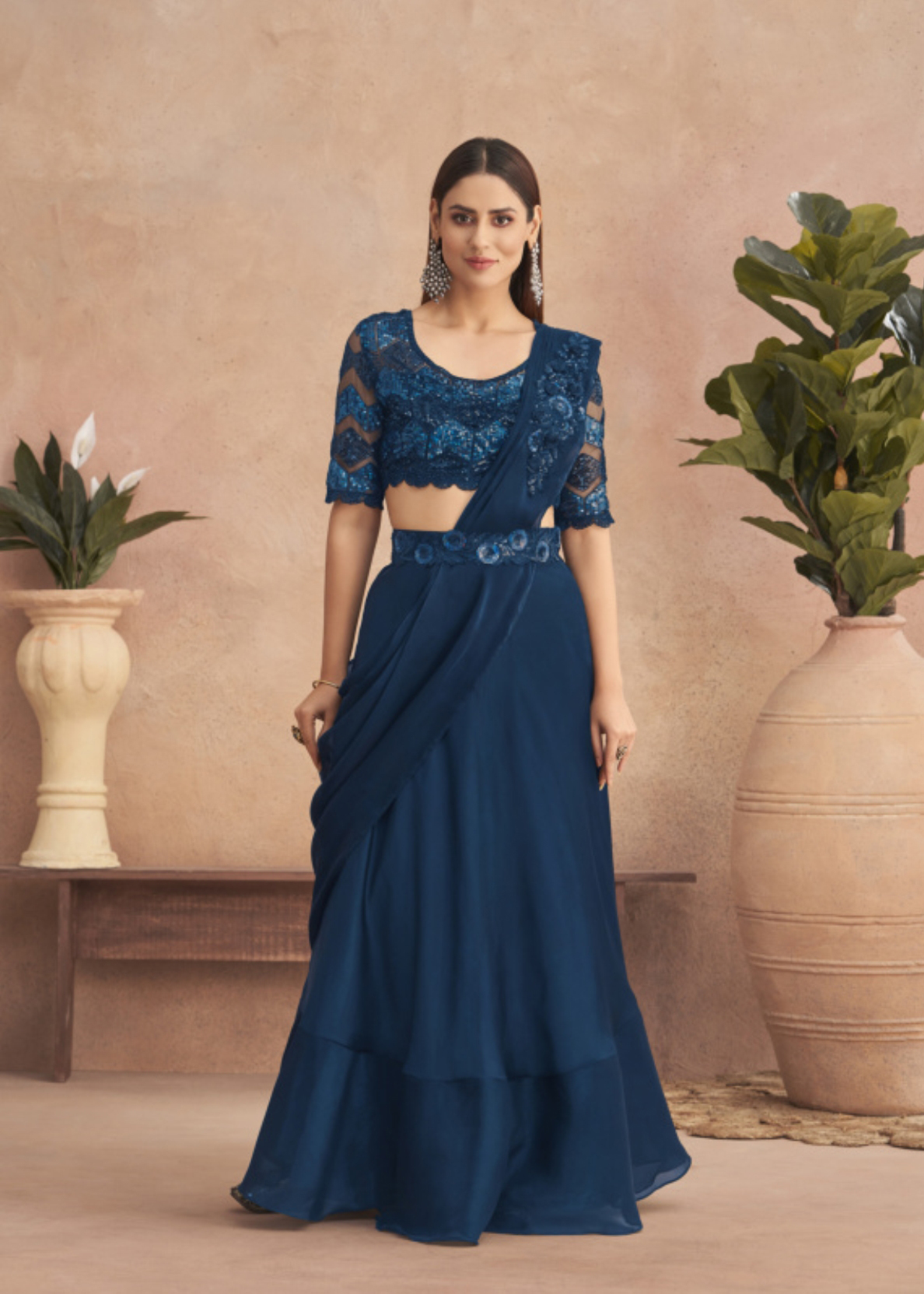 Fancy Party Wear Embroidery Work Ready To Wear Saree