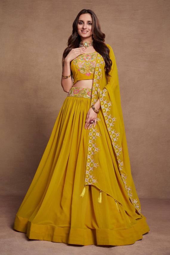 Ethnicrang Women's Blooming Georgette Thread Embroidery Wedding Wear Semi Stitch Lehenga Choli