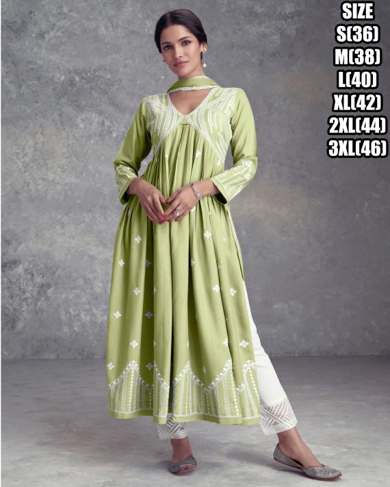 Ethnicrang Women's Stitched Pure Rayon Embroidery Narya Cut Kurti Pent With Dupatta