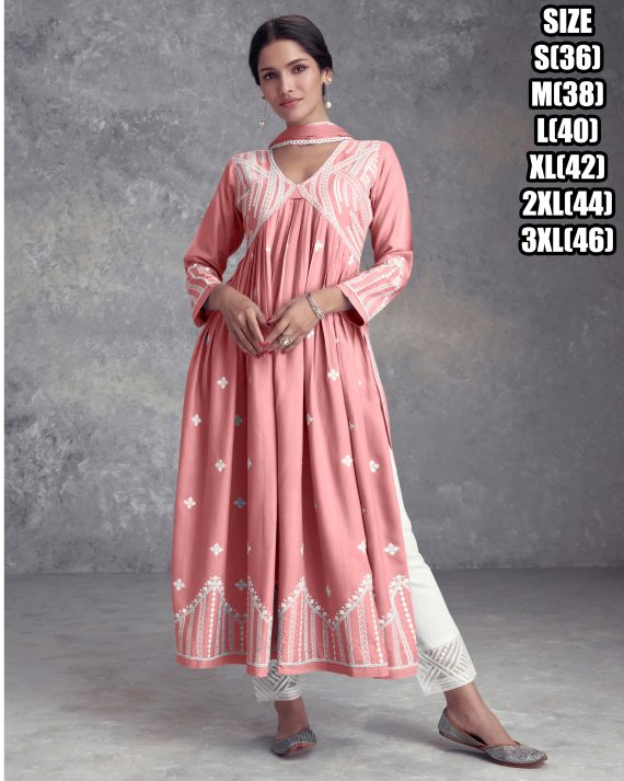 Ethnicrang Women's Stitched Pure Rayon Embroidery Narya Cut Kurti Pent With Dupatta