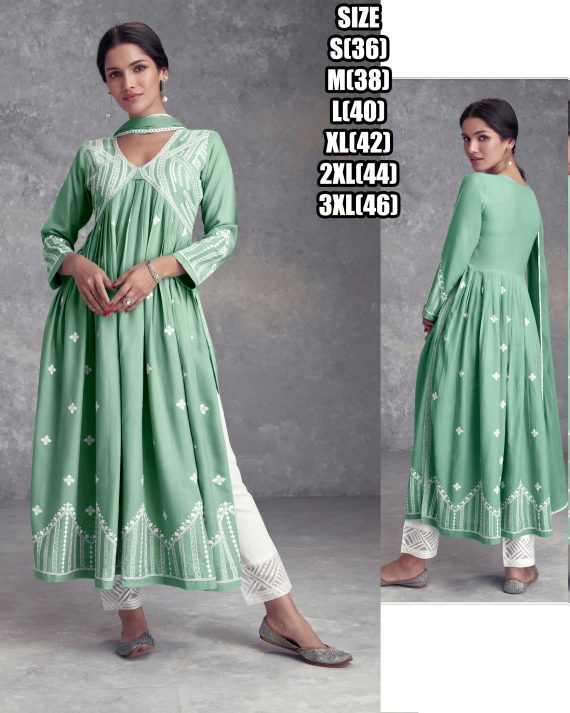 Ethnicrang Women's Stitched Pure Rayon Embroidery Narya Cut Kurti Pent With Dupatta