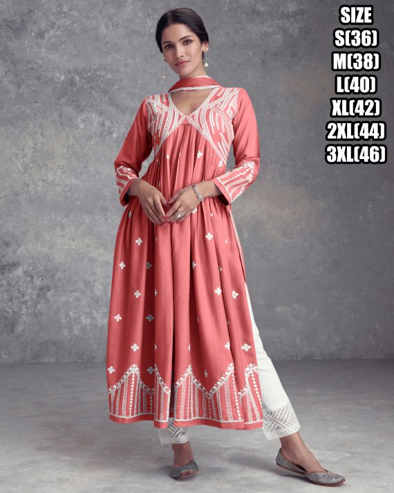 Ethnicrang Women's Stitched Pure Rayon Embroidery Narya Cut Kurti Pent With Dupatta