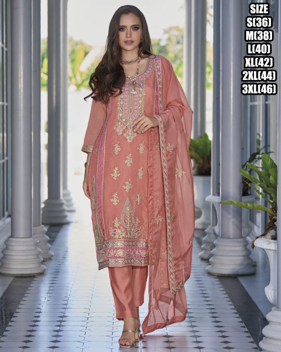 Ethnicrang Women's Heavy Organza Stitched Embroidery Salwaar Kameez