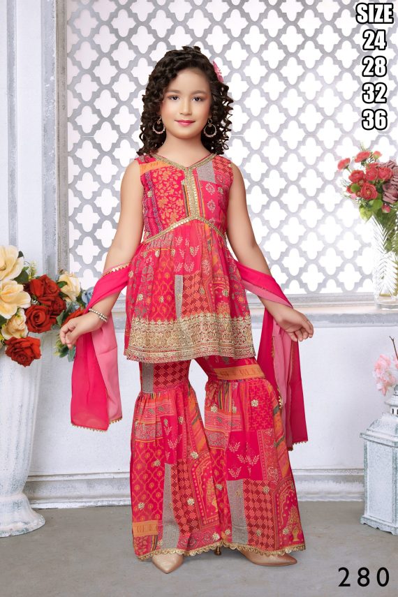 Kid's Wear Georgette Embroidery Stitched Lehenga Choli & Sharara Suit