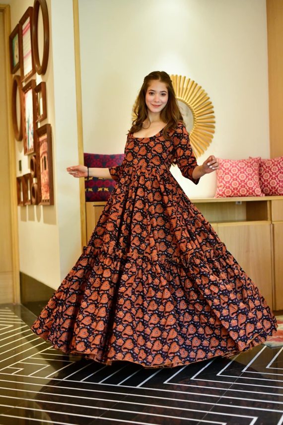 Cotton Silk Readymade Gown In Multi Colour