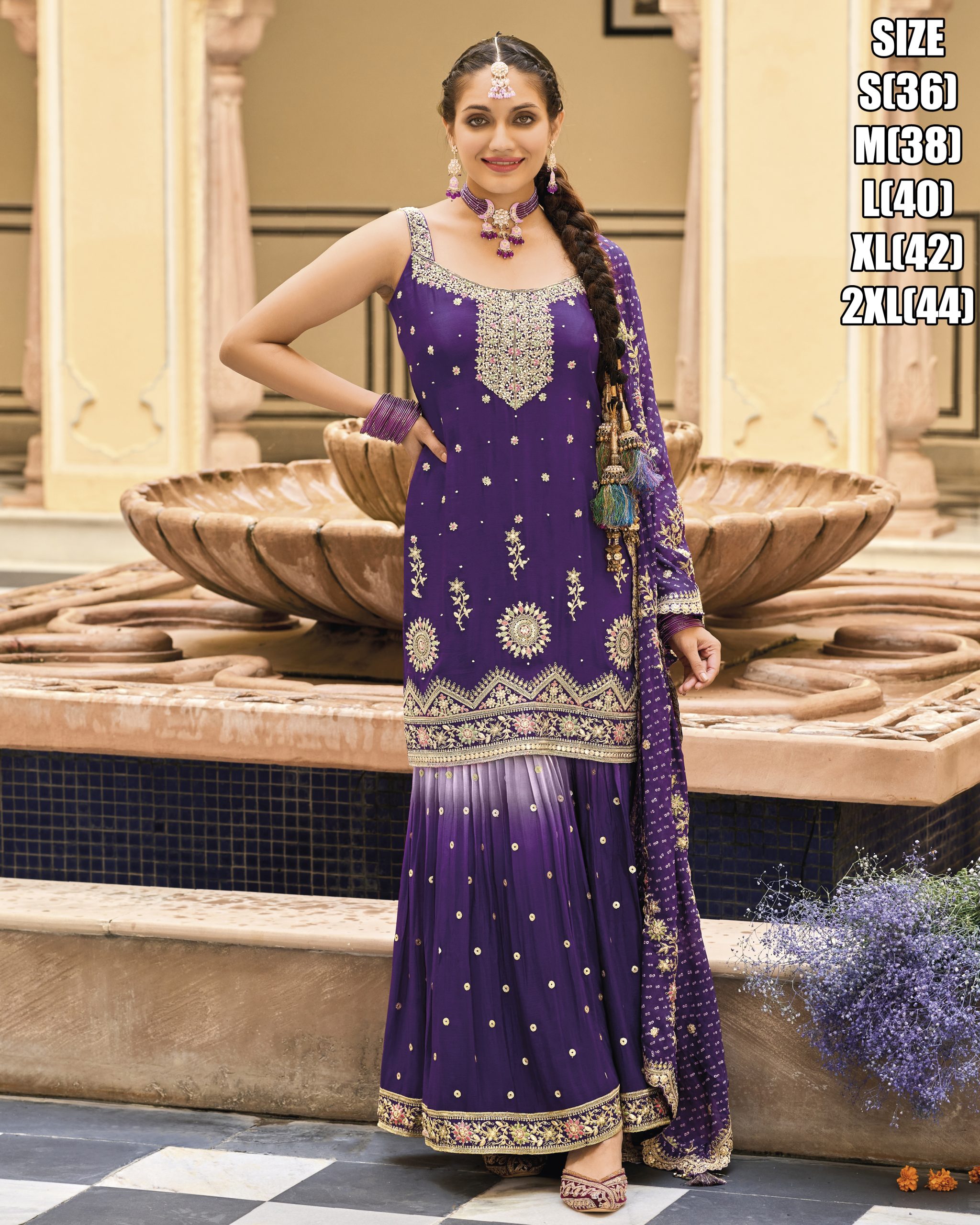 Women's Stitched Heavy Chinon Embrodiery Partywear Sharara Suit