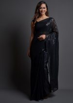Ethnicrang Women's Heavy Georgette Silk Sequence Un-Stitched Saree With Banglori Blouse