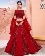 Red Colour Stitched Imported Fabric Sequins Work Lehenga, Blouse With Net Dupatta