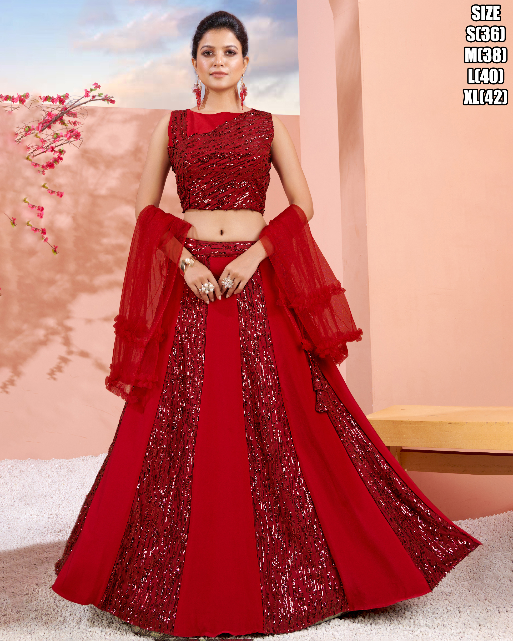 Red Colour Stitched Imported Fabric Sequins Work Lehenga, Blouse With Net Dupatta