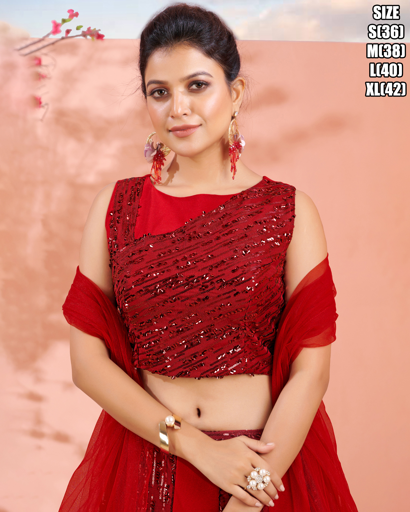 Red Colour Stitched Imported Fabric Sequins Work Lehenga, Blouse With Net Dupatta