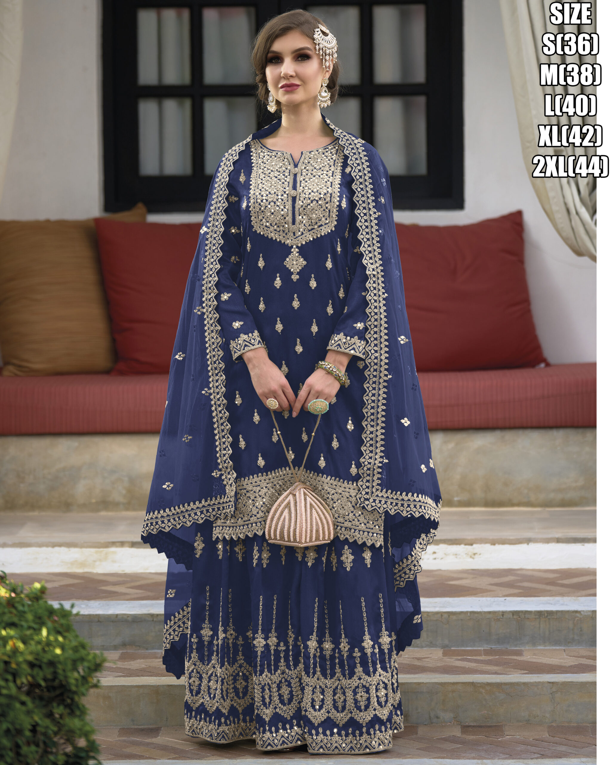 Exquisite Stitched Embroidered Silk Salwar Suit with Net Dupatta