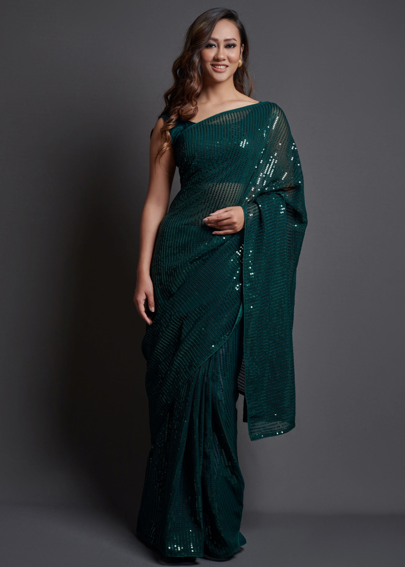 Ethnicrang Women's Heavy Georgette Silk Sequence Un-Stitched Saree With Banglori Blouse