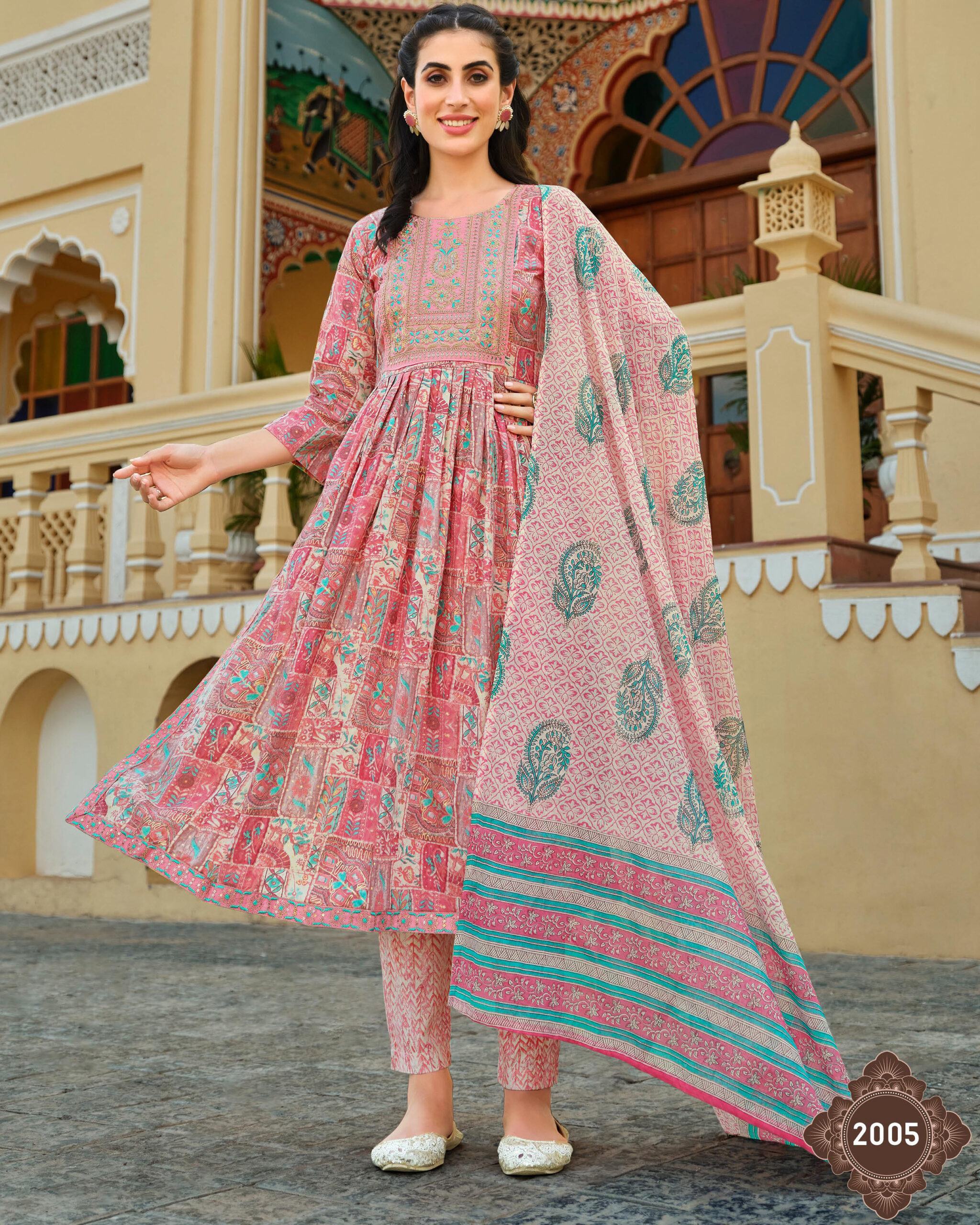 Stylish Stitched Kurti and Pant Set in Pure Cotton 60-60 Print with Beautiful Embroidery Paired with a Gorgeous Mul Cotton Dupatta