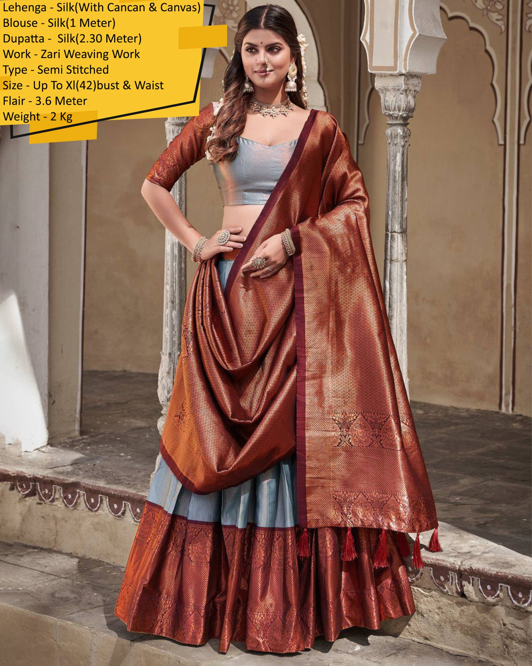 Our Semi Stitched Lehenga In Silk With Weaving Zari Work With Silk Dupatta. Embrace Elegance And Make A Statement