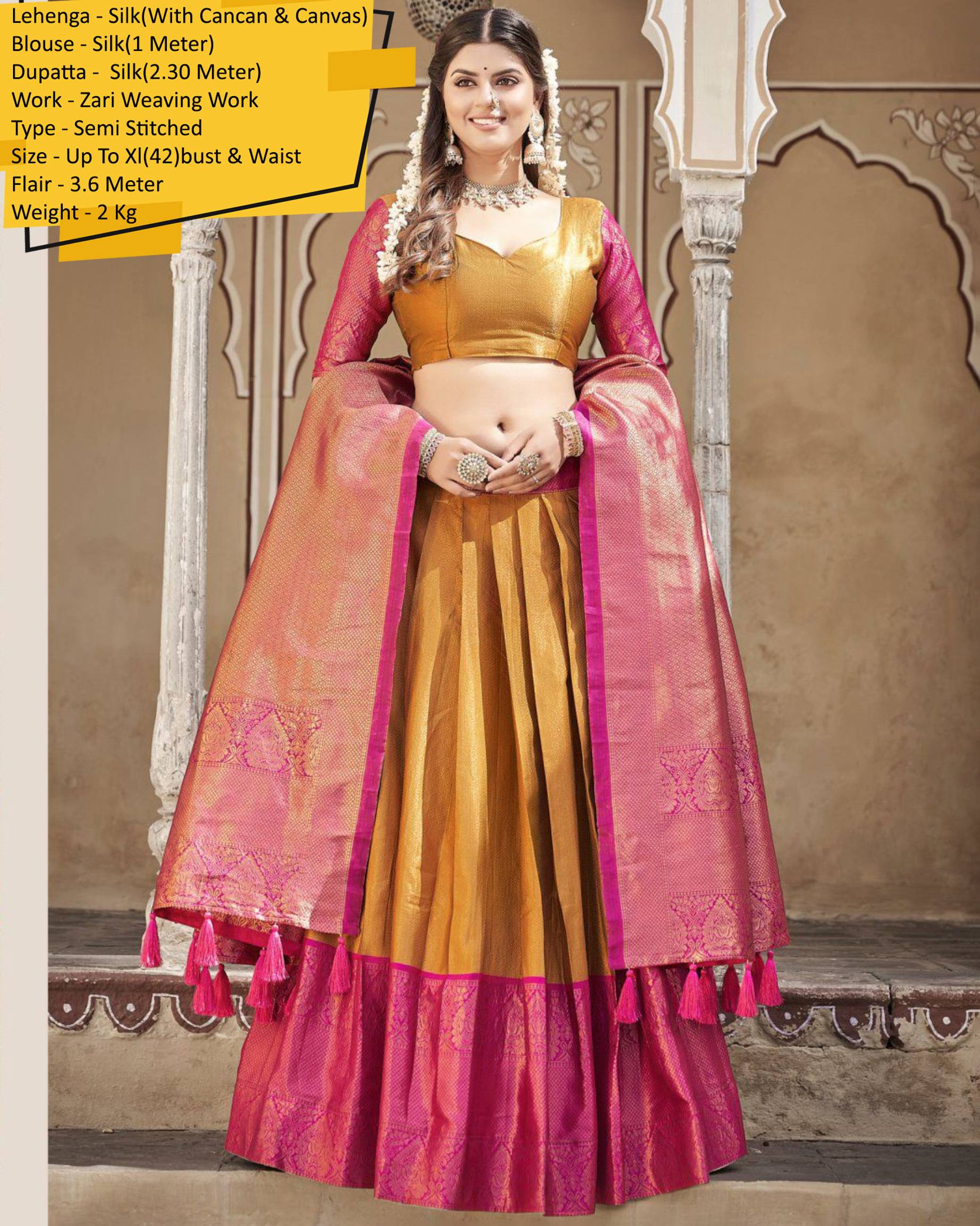 Our Semi Stitched Lehenga In Silk With Weaving Zari Work With Silk Dupatta. Embrace Elegance And Make A Statement