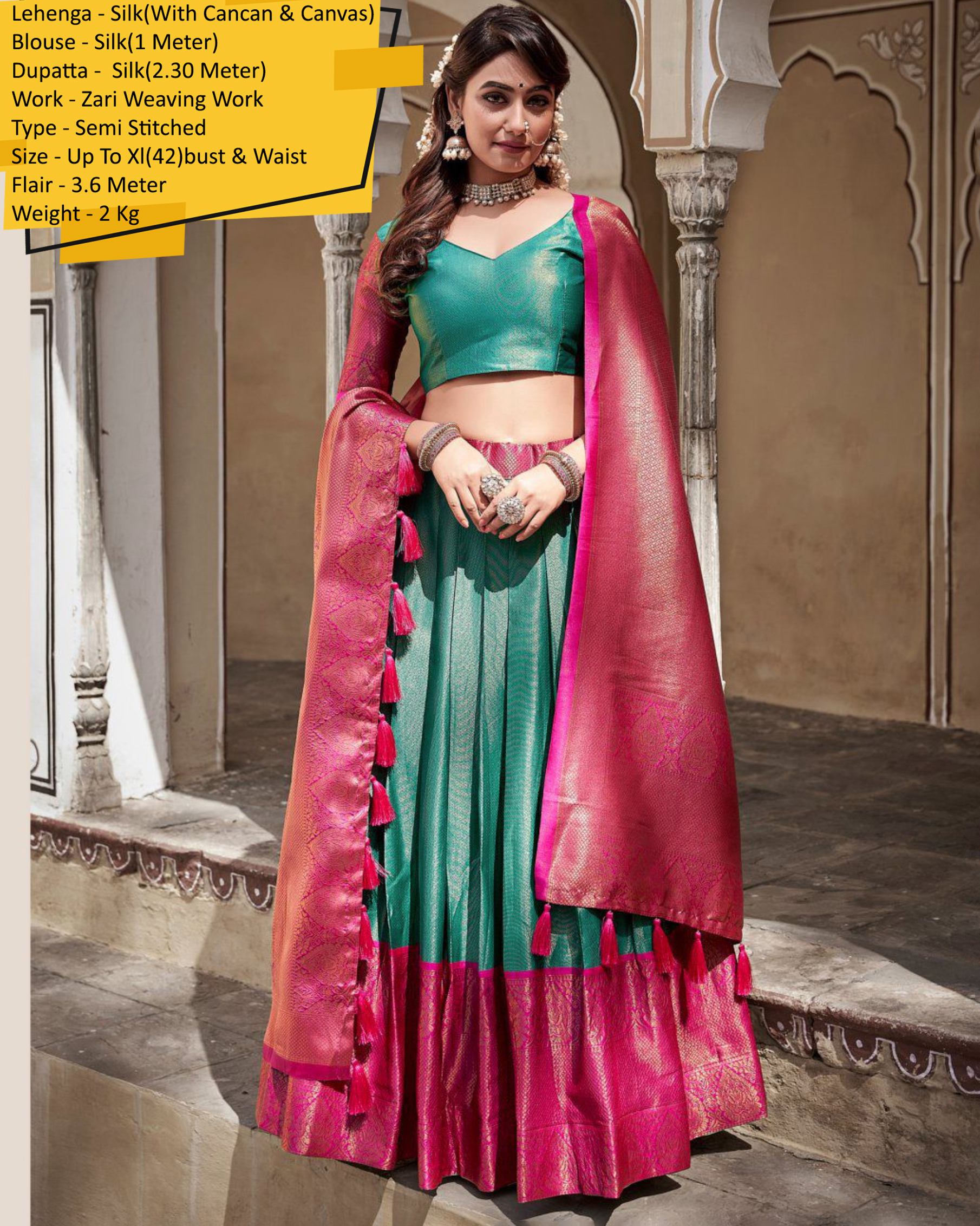Our Semi Stitched Lehenga In Silk With Weaving Zari Work With Silk Dupatta. Embrace Elegance And Make A Statement
