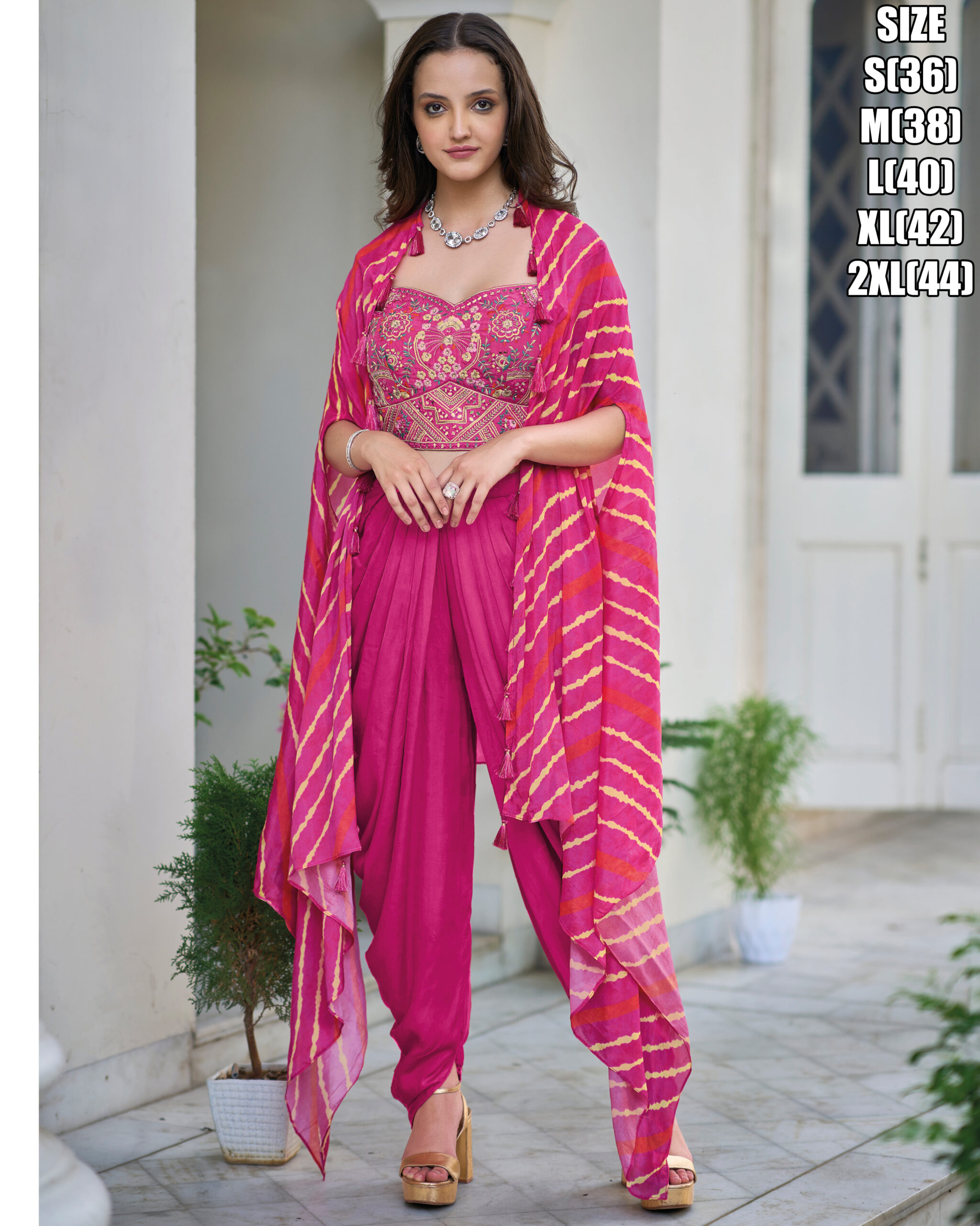 Ready To Wear Satin Silk Top & Dhoti With Organza Shrug