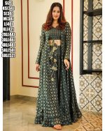 Universal Fashion Presents This Stunning 3-piece Koti Style Indo-western Suit Of Printed Crop Top, Skirt/palazzo And Parallels Paired With A Beautiful Printed Shrug Set Collection