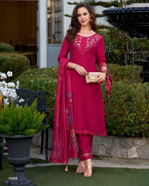 Ethnicrang Women's Viscose Organza Embroidery Occasion Beautiful Party Wear 3Pcs Fancy Kurti Pent With Dupatta