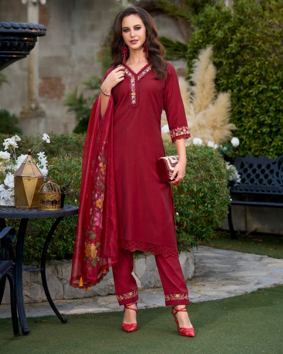 Ethnicrang Women's Viscose Organza Embroidery Occasion Beautiful Party Wear 3Pcs Fancy Kurti Pent With Dupatta