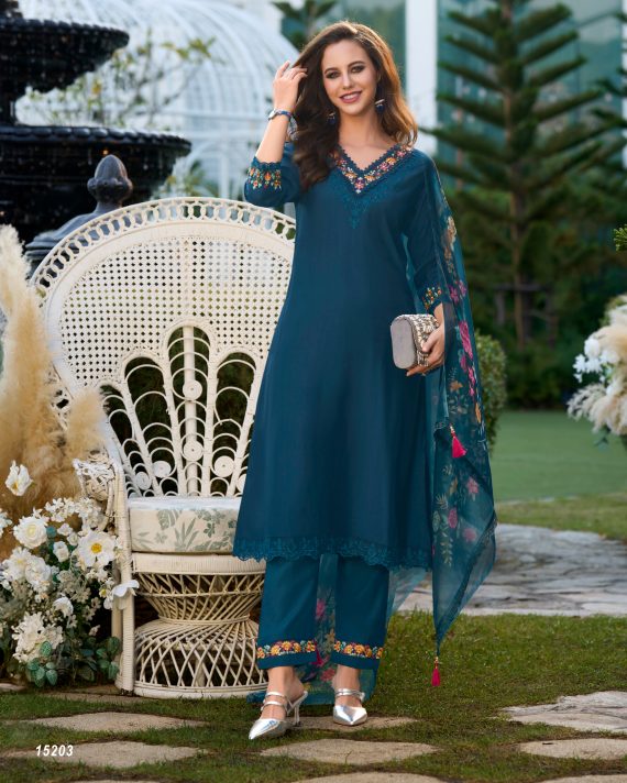 Ethnicrang Women's Viscose Organza Embroidery Occasion Beautiful Party Wear 3Pcs Fancy Kurti Pent With Dupatta