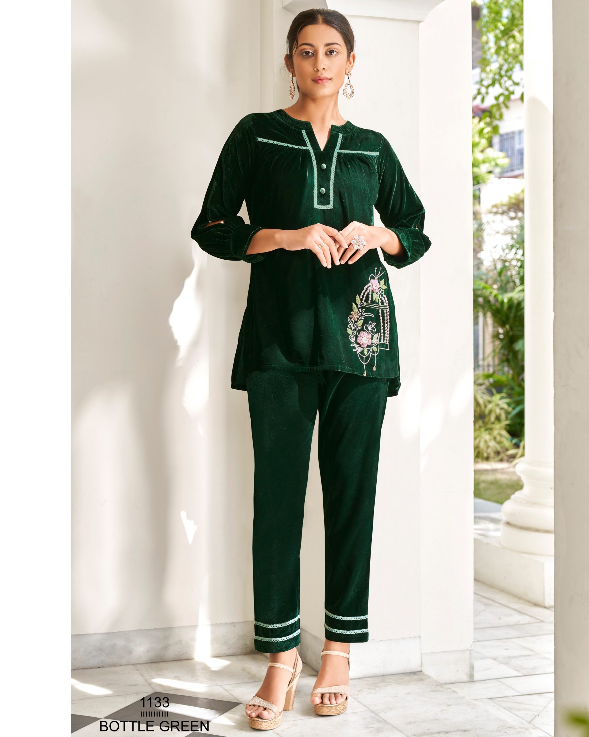 Women's Stitched Velvet Handwork Winterwear Cord set