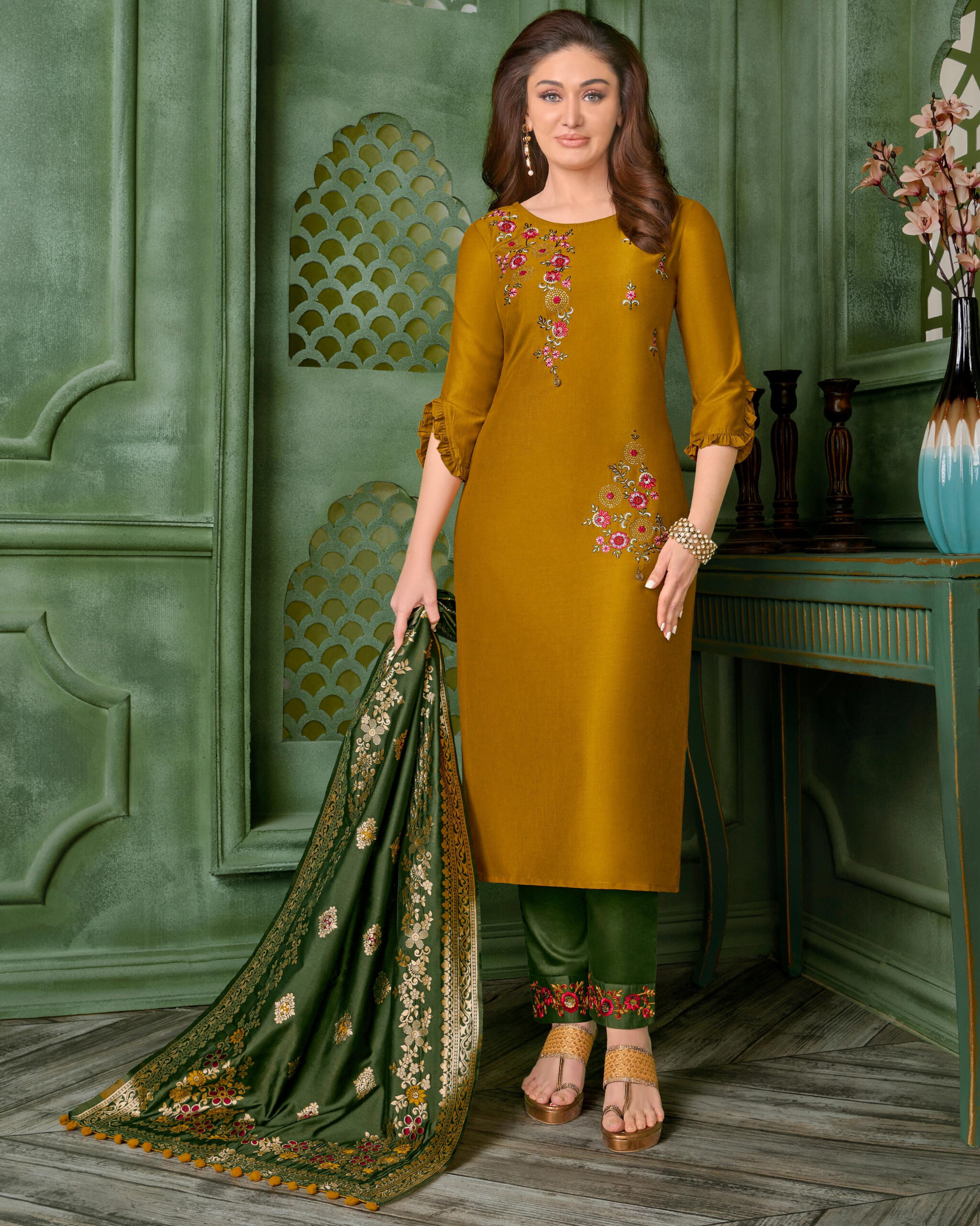 Anju Fabrics Presents Mayuri Bamber Silk Stitched Kurtis Pent Dupatta Set