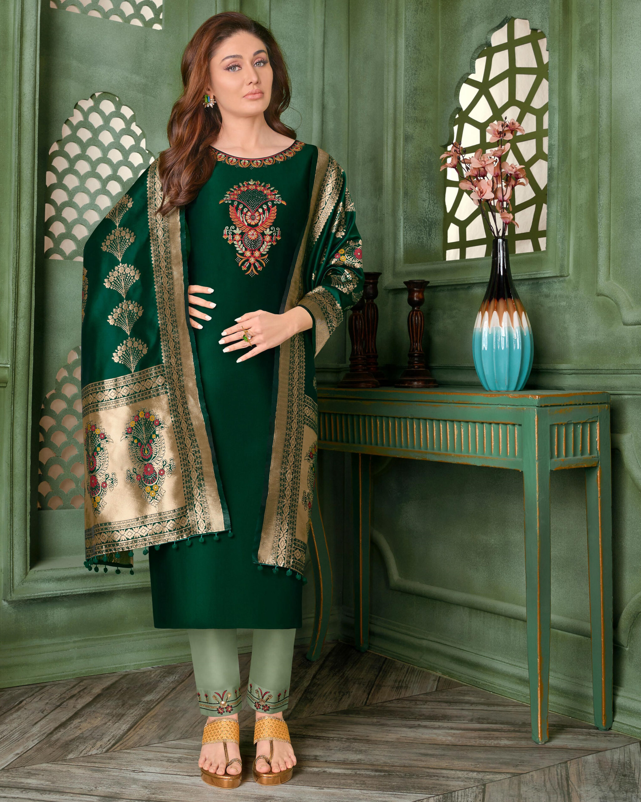 Anju Fabrics Presents Mayuri Bamber Silk Stitched Kurtis Pent Dupatta Set