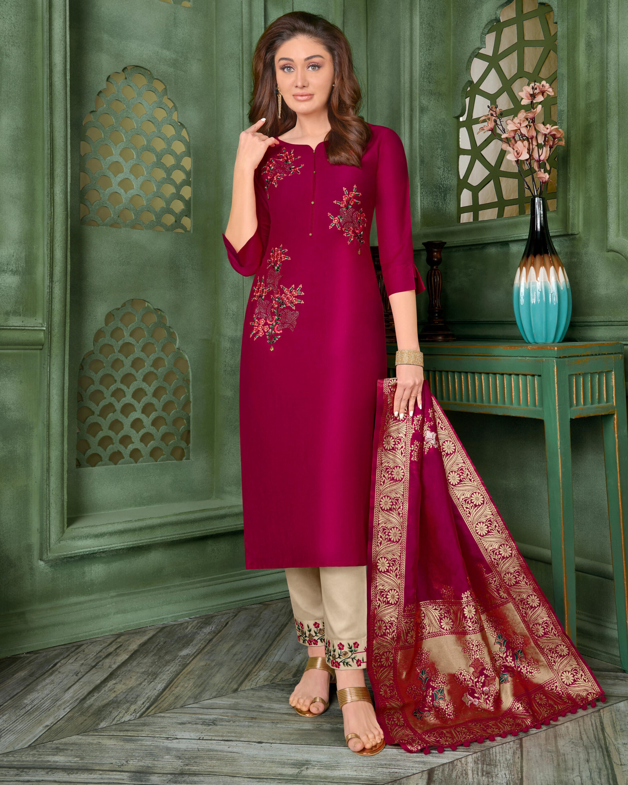 Anju Fabrics Presents Mayuri Bamber Silk Stitched Kurtis Pent Dupatta Set
