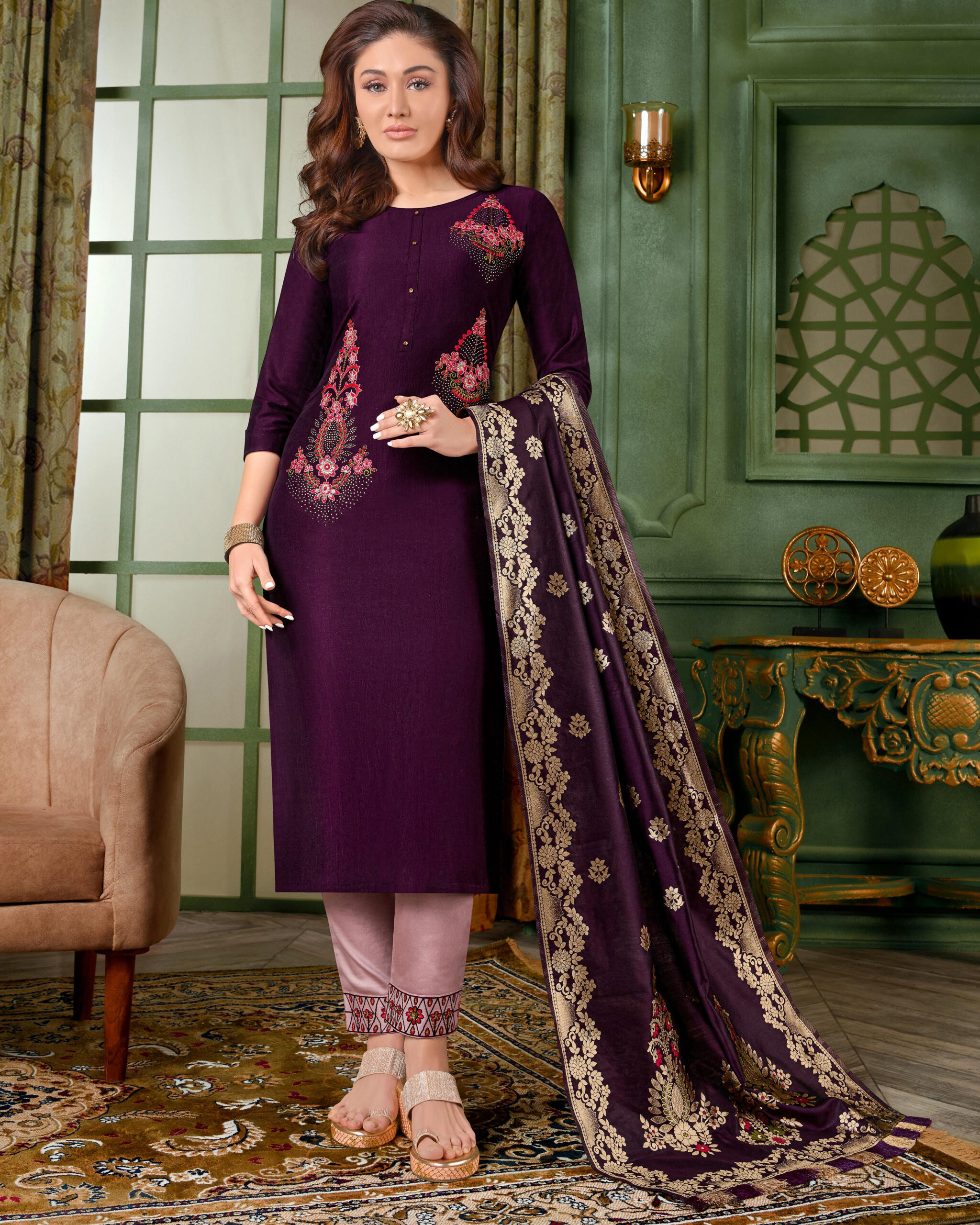 Anju Fabrics Presents Mayuri Bamber Silk Stitched Kurtis Pent Dupatta Set