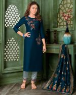 Anju Fabrics Presents Mayuri Bamber Silk Stitched Kurtis Pent Dupatta Set