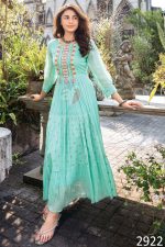 Flaunt The Magic Of Flared Gowns Mul Cotton Strips Cross Stitch Embroidery And Mirror Work With Twisted Dori With Tassels