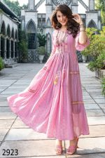 Flaunt The Magic Of Flared Gowns Mul Cotton Strips Cross Stitch Embroidery And Mirror Work With Twisted Dori With Tassels