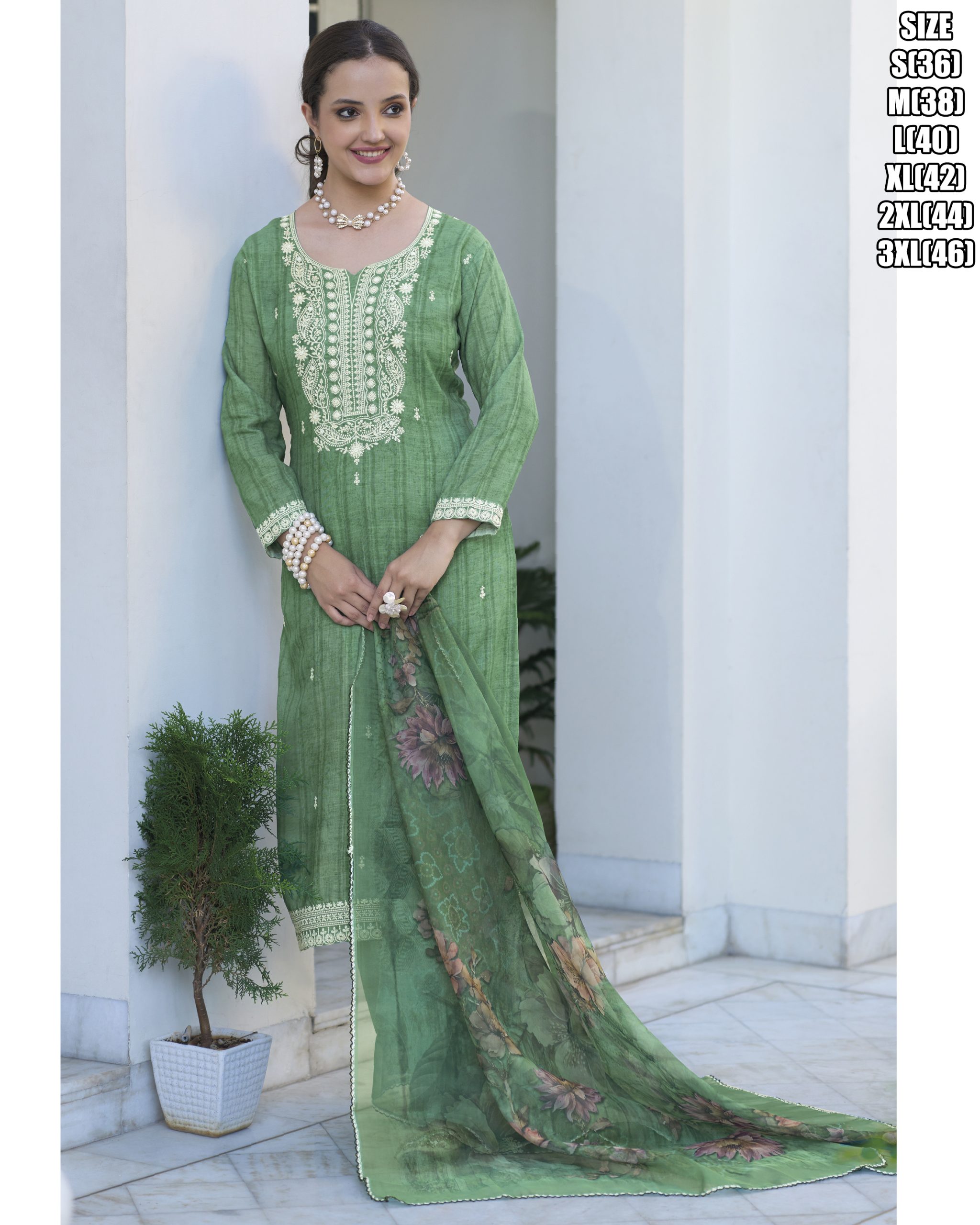 Stunning Partywear Ensemble Embroidered Silki Cotton Kurti Pure Cotton Pant And Organza Digital Print Dupatta