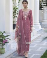 Stunning Partywear Ensemble Embroidered Silki Cotton Kurti Pure Cotton Pant And Organza Digital Print Dupatta