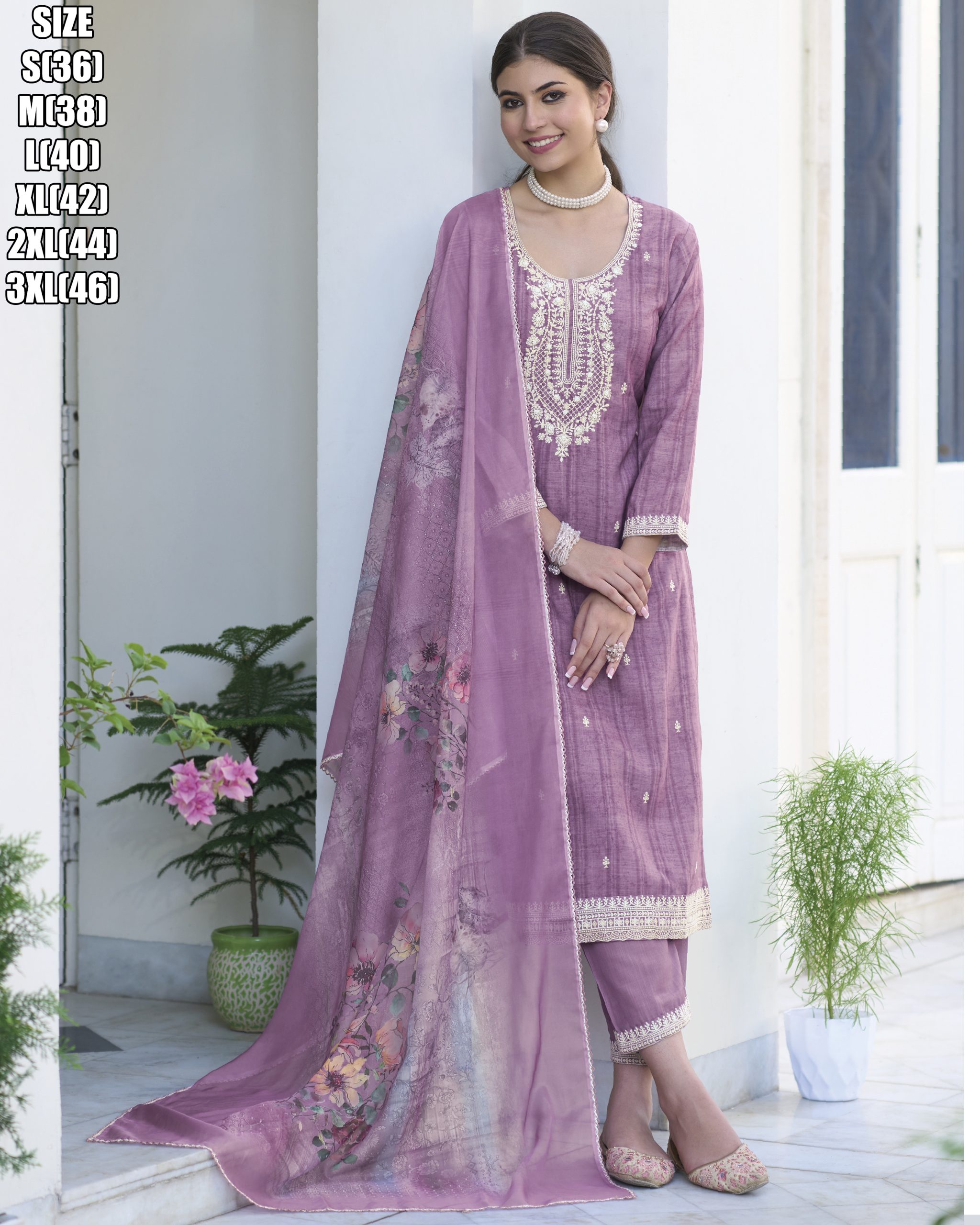 Stunning Partywear Ensemble Embroidered Silki Cotton Kurti Pure Cotton Pant And Organza Digital Print Dupatta