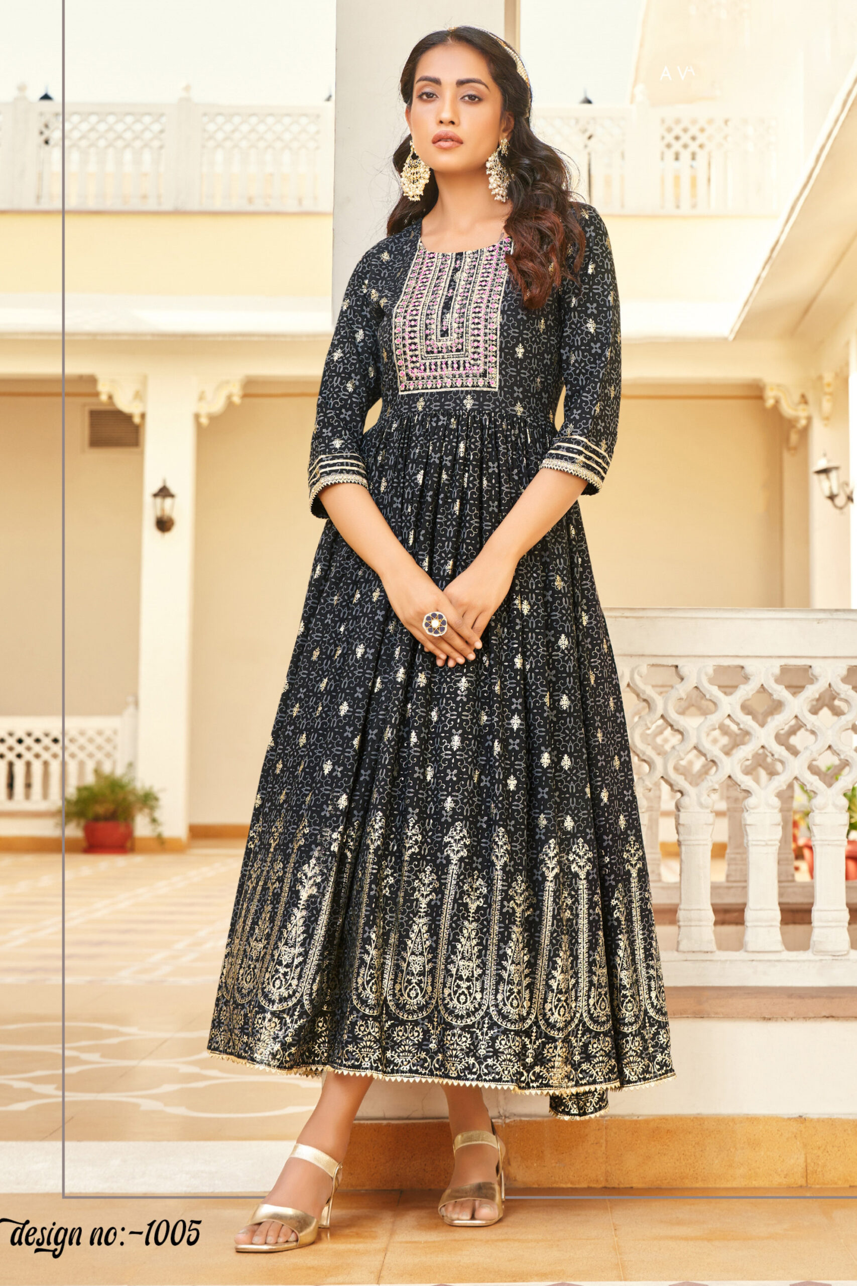 Designer Gown Style With Classic Reyon Foil Prints And Fancy Embroidery Work Embrace Elegance In This Stunning Ensemble